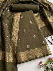 Mulch Green Silk Dress Material with Embroidered Details