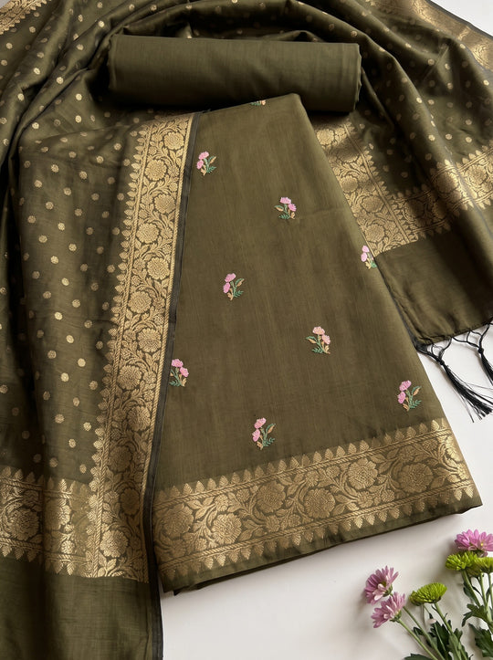 Mulch Green Silk Dress Material with Embroidered Details