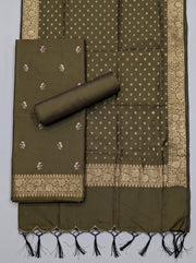 Mulch Green Silk Dress Material with Embroidered Details