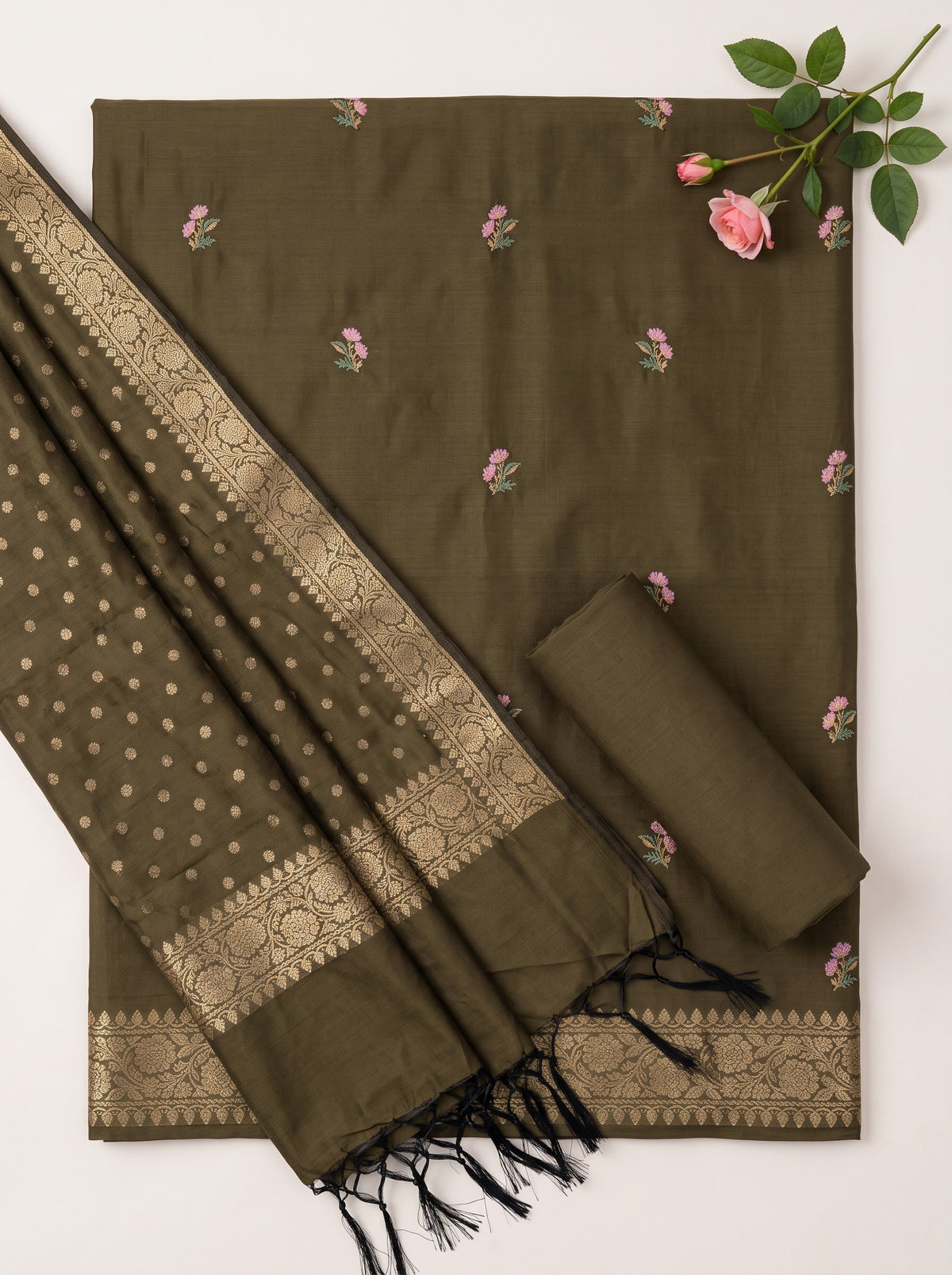 Mulch Green Silk Dress Material with Embroidered Details