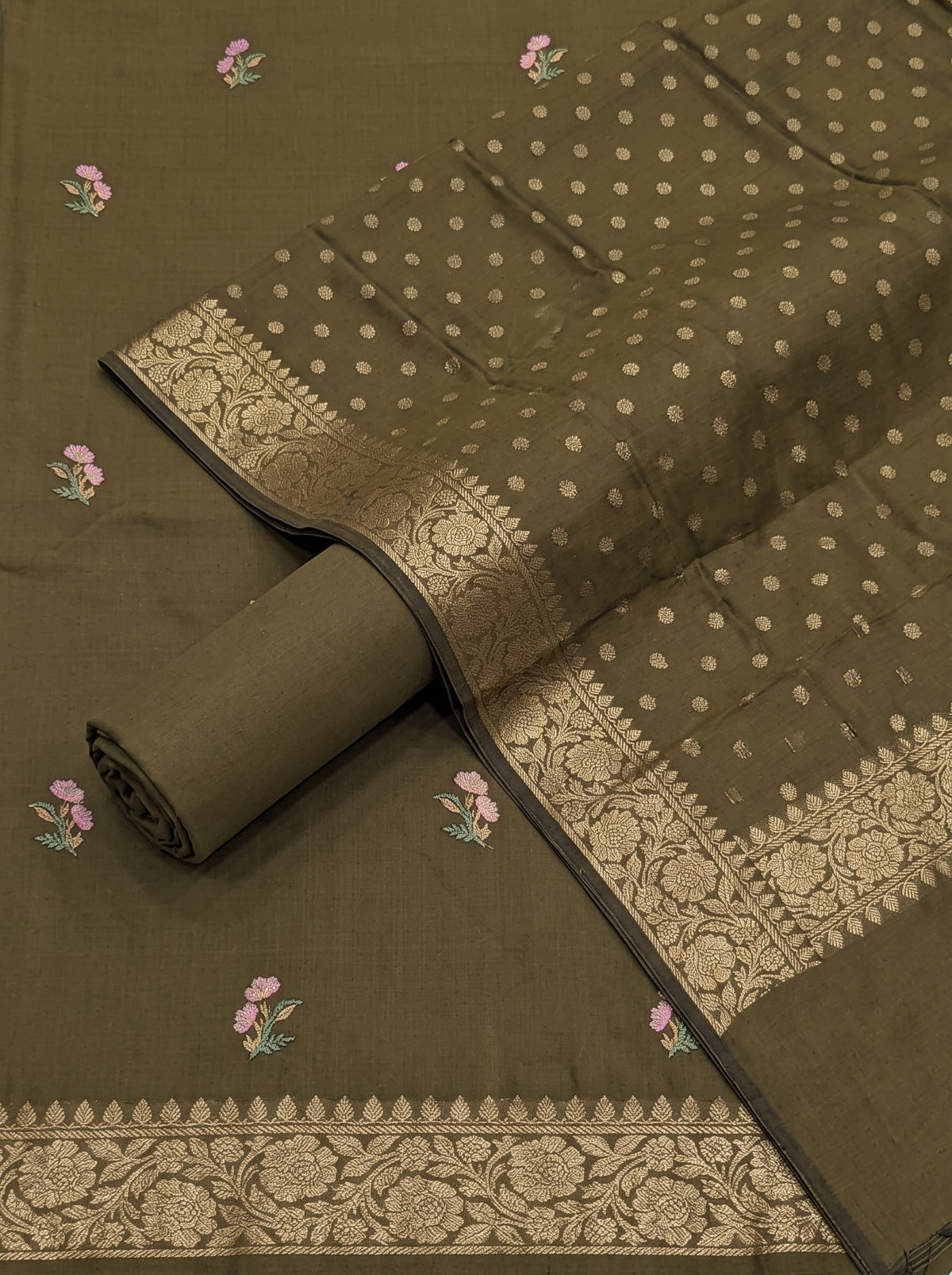 Mulch Green Silk Dress Material with Embroidered Details