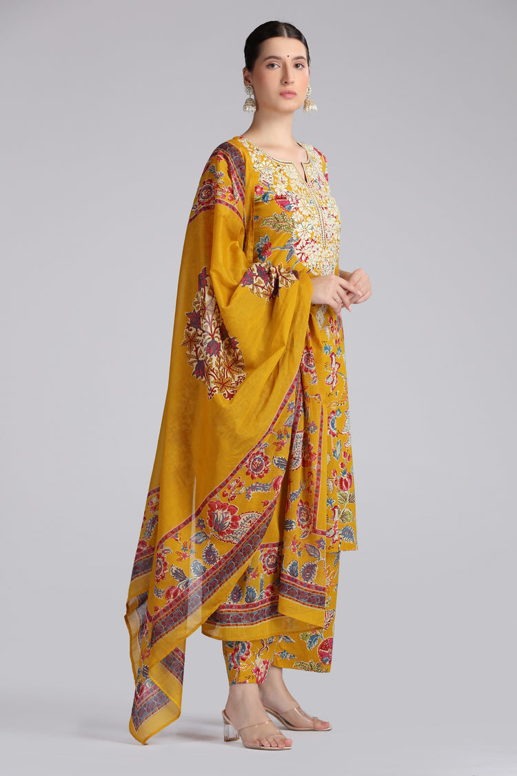 Mustard Cotton Embroidered Straight Kurta Pant and Dupatta Suit Set