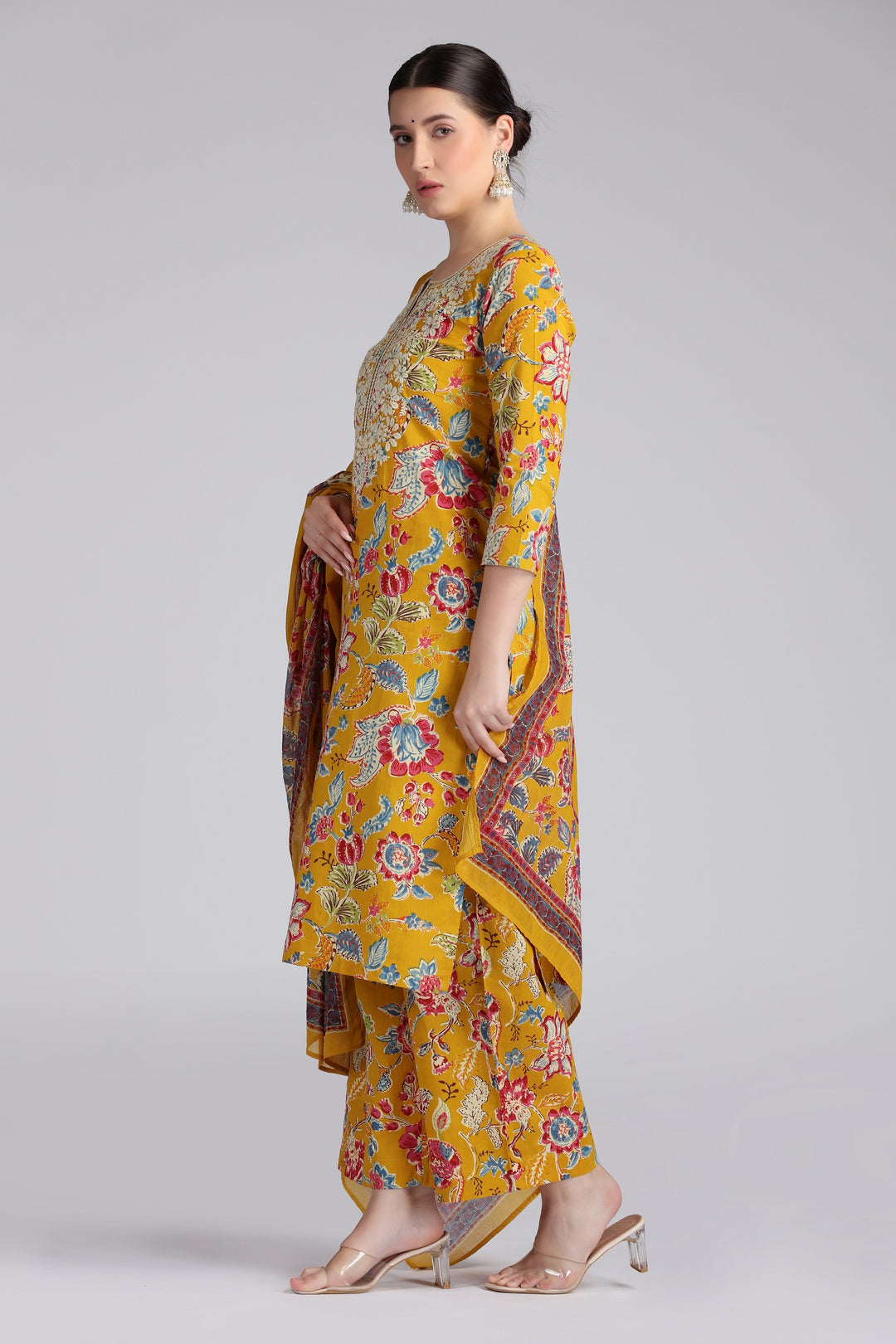 Mustard Cotton Embroidered Straight Kurta Pant and Dupatta Suit Set