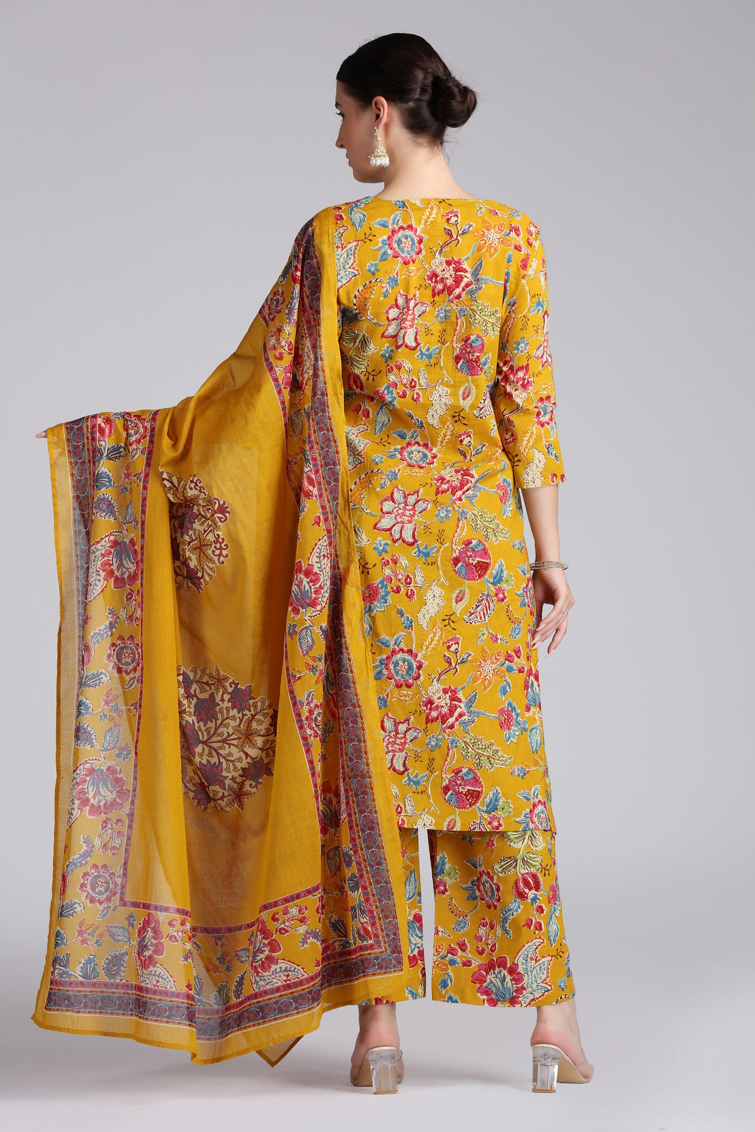 Mustard Cotton Embroidered Straight Kurta Pant and Dupatta Suit Set
