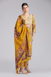 Mustard Cotton Embroidered Straight Kurta Pant and Dupatta Suit Set