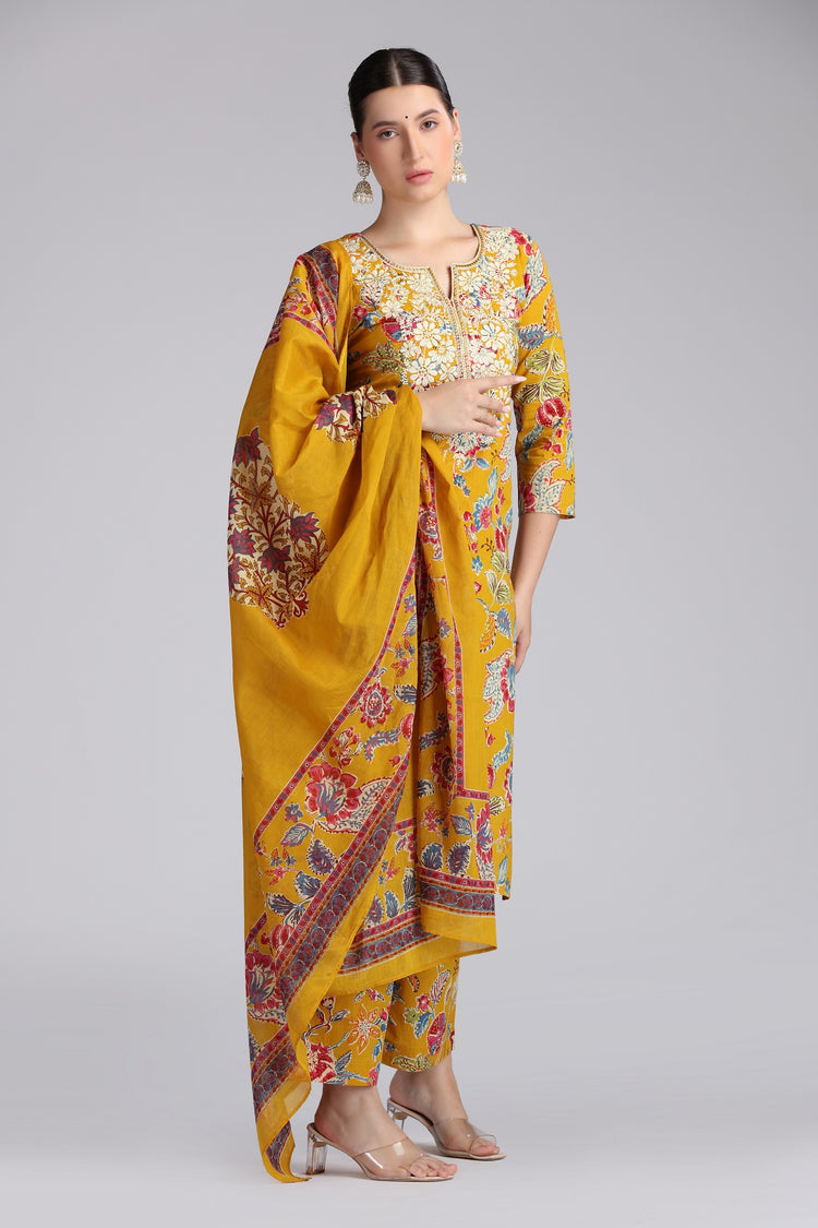 Mustard Cotton Embroidered Straight Kurta Pant and Dupatta Suit Set
