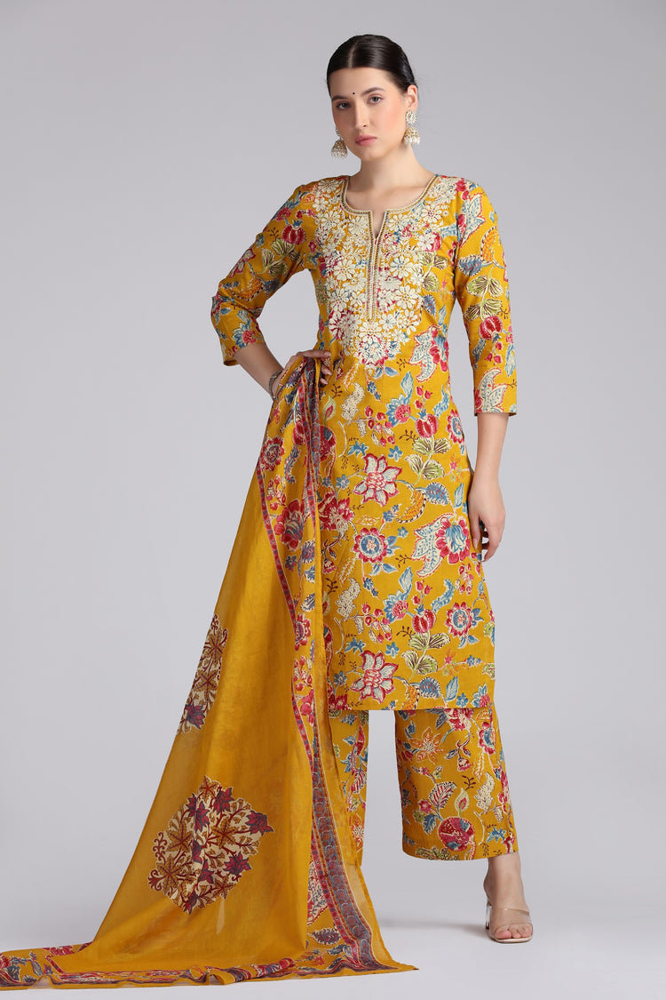 Mustard Cotton Embroidered Straight Kurta Pant and Dupatta Suit Set
