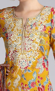 Mustard Cotton Embroidered Straight Kurta Pant and Dupatta Suit Set