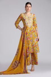 Mustard Cotton Embroidered Straight Kurta Pant and Dupatta Suit Set