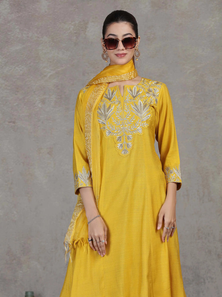 Mustard Floral Embroidered A-Line Ethnic Set