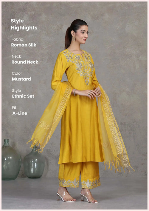 Mustard Floral Embroidered A-Line Ethnic Set