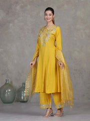 Mustard Floral Embroidered A-Line Ethnic Set