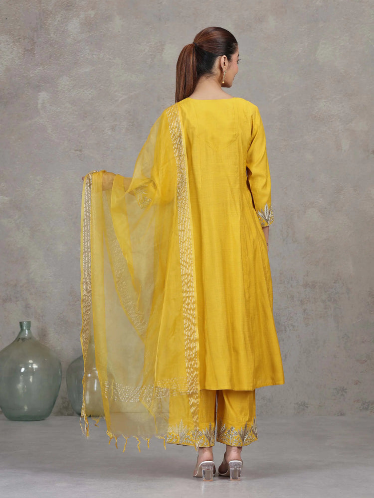 Mustard Floral Embroidered A-Line Ethnic Set