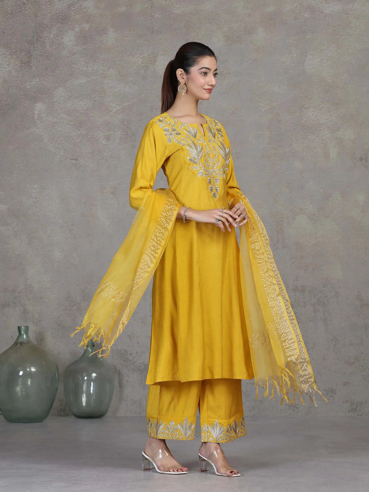 Mustard Floral Embroidered A-Line Ethnic Set
