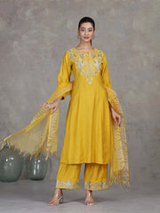 Mustard Floral Embroidered A-Line Ethnic Set