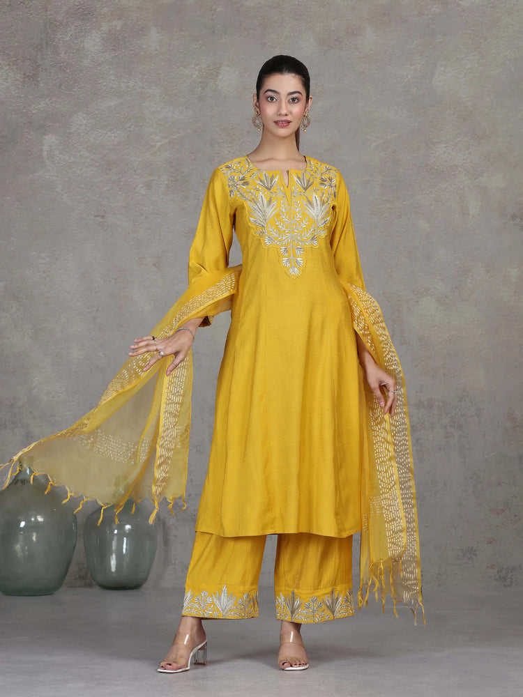 Mustard Floral Embroidered A-Line Ethnic Set
