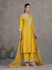 Mustard Floral Embroidered A-Line Ethnic Set