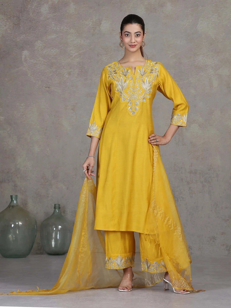 Mustard Floral Embroidered A-Line Ethnic Set