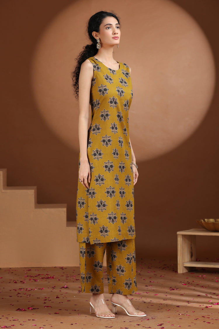Mustard Floral Printed Cotton A Line Co-ord Set