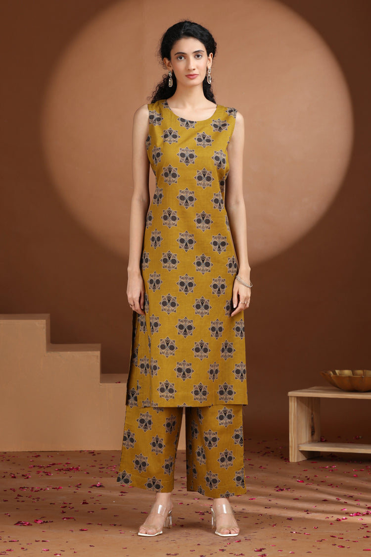Mustard Floral Printed Cotton A Line Co-ord Set