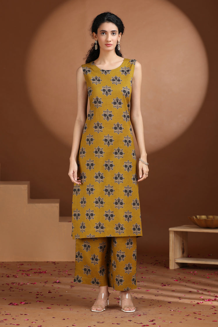 Mustard Floral Printed Cotton A Line Co-ord Set