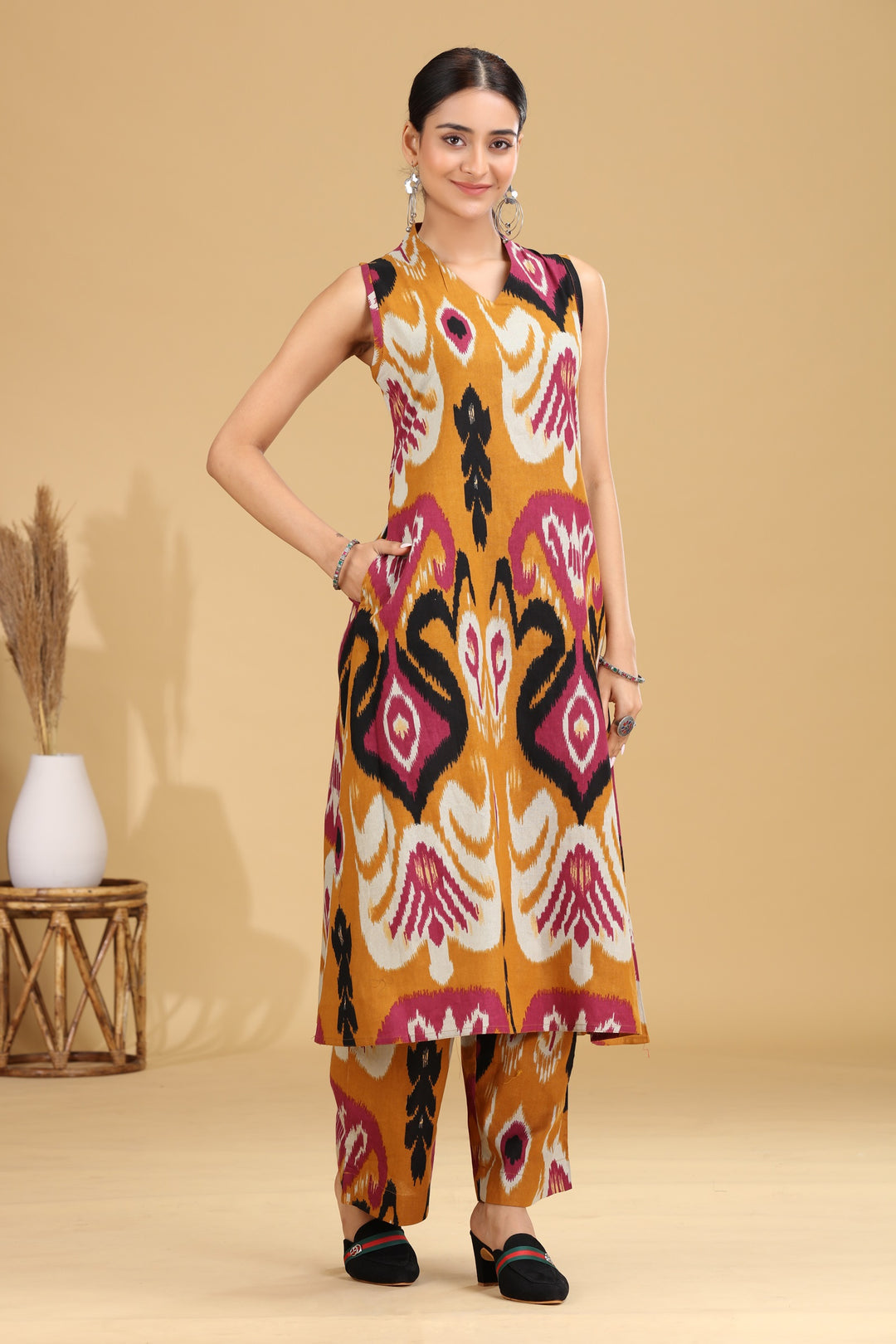 Mustard Ikat Design A-Line Co-ord Set