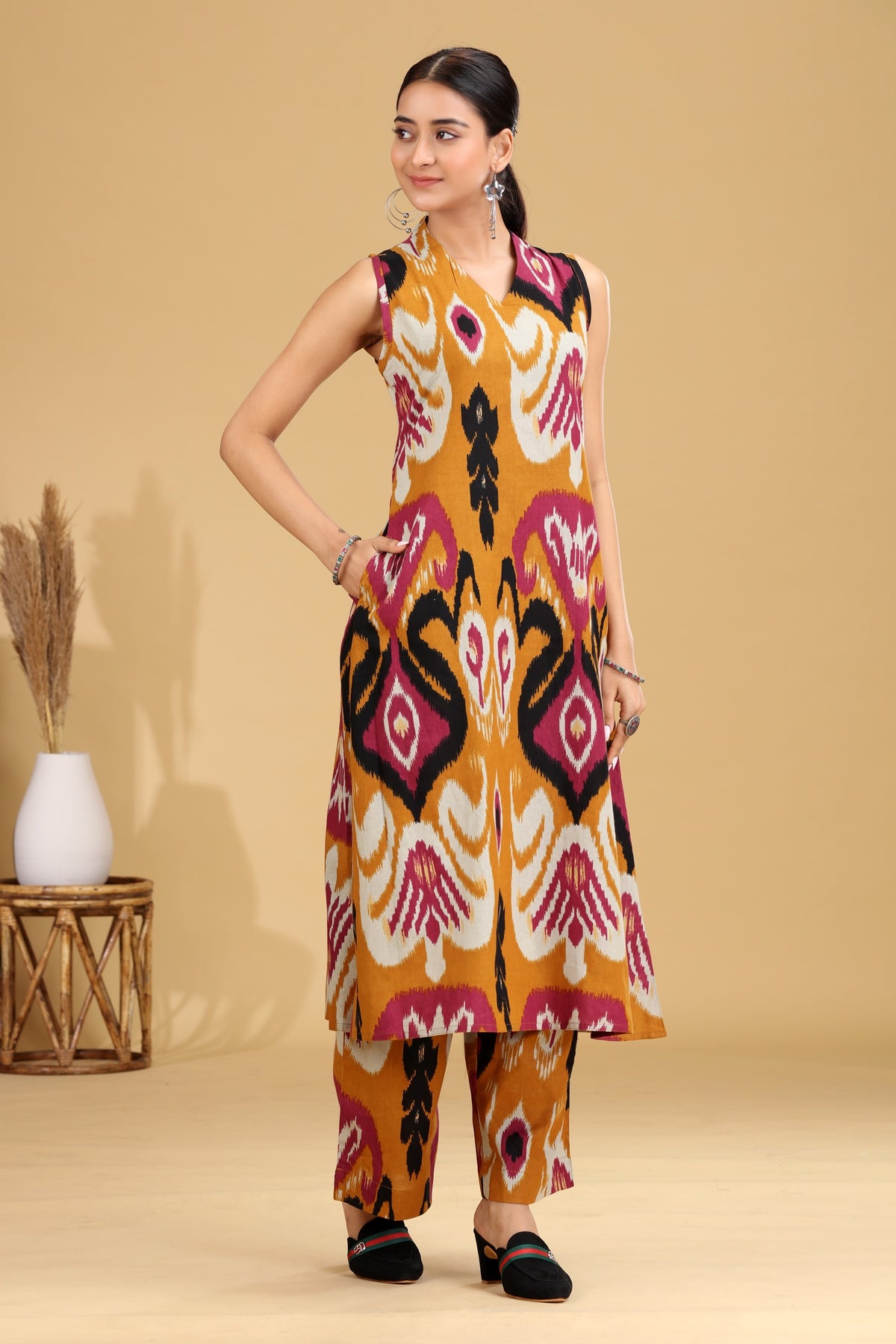 Mustard Ikat Design A-Line Co-ord Set