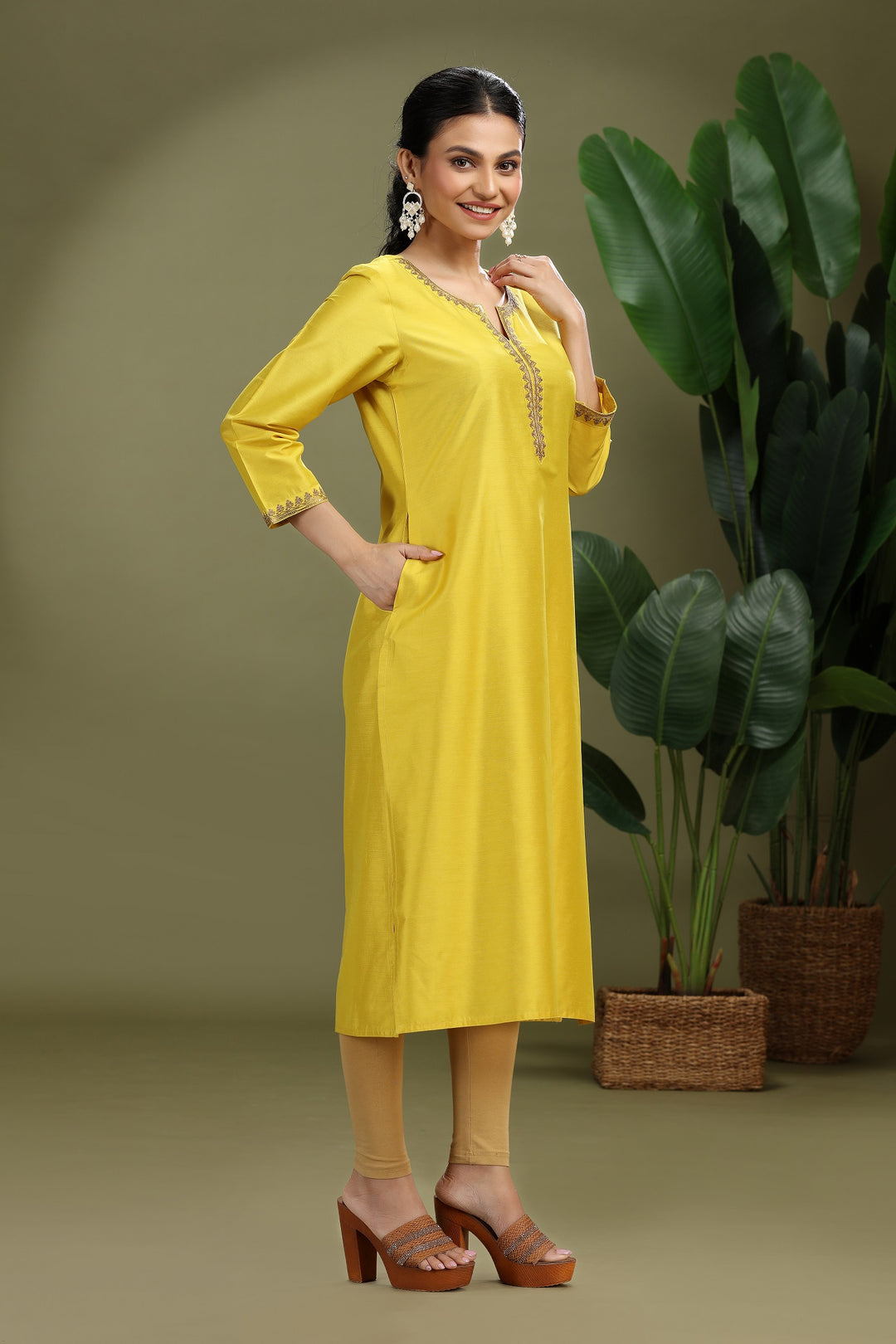 Mustard PolySilk Embroidered Straight Kurta