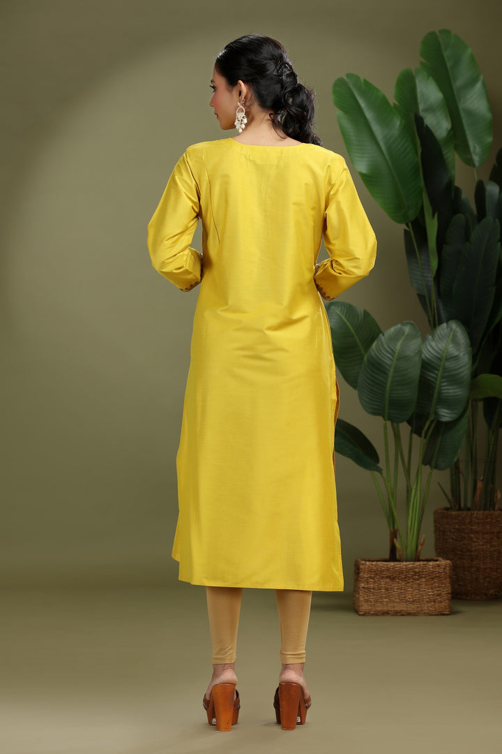 Mustard PolySilk Embroidered Straight Kurta