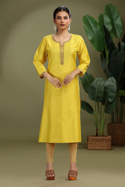 Mustard PolySilk Embroidered Straight Kurta