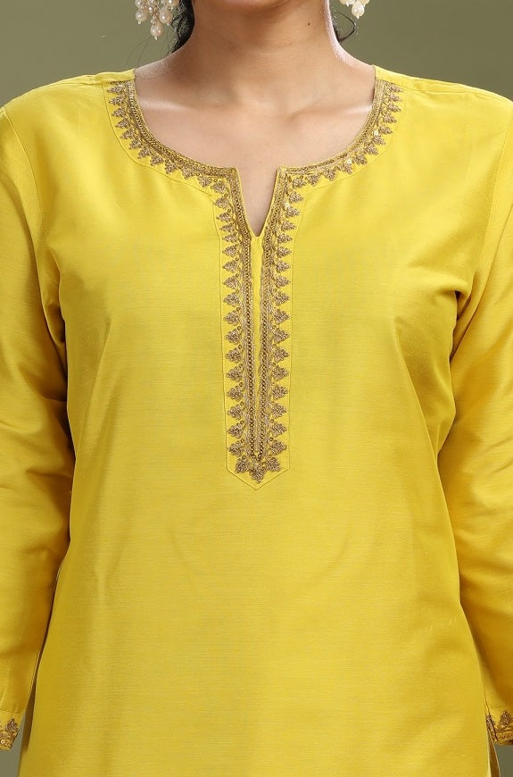 Mustard PolySilk Embroidered Straight Kurta