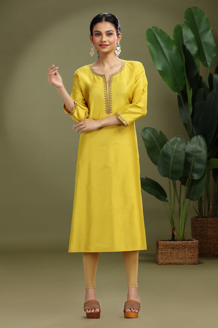 Mustard PolySilk Embroidered Straight Kurta