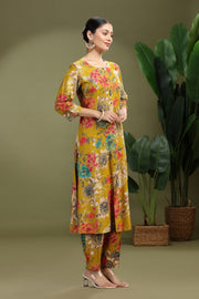 Mustard Rayon Printed A Line Kurta Pant Co ord Set