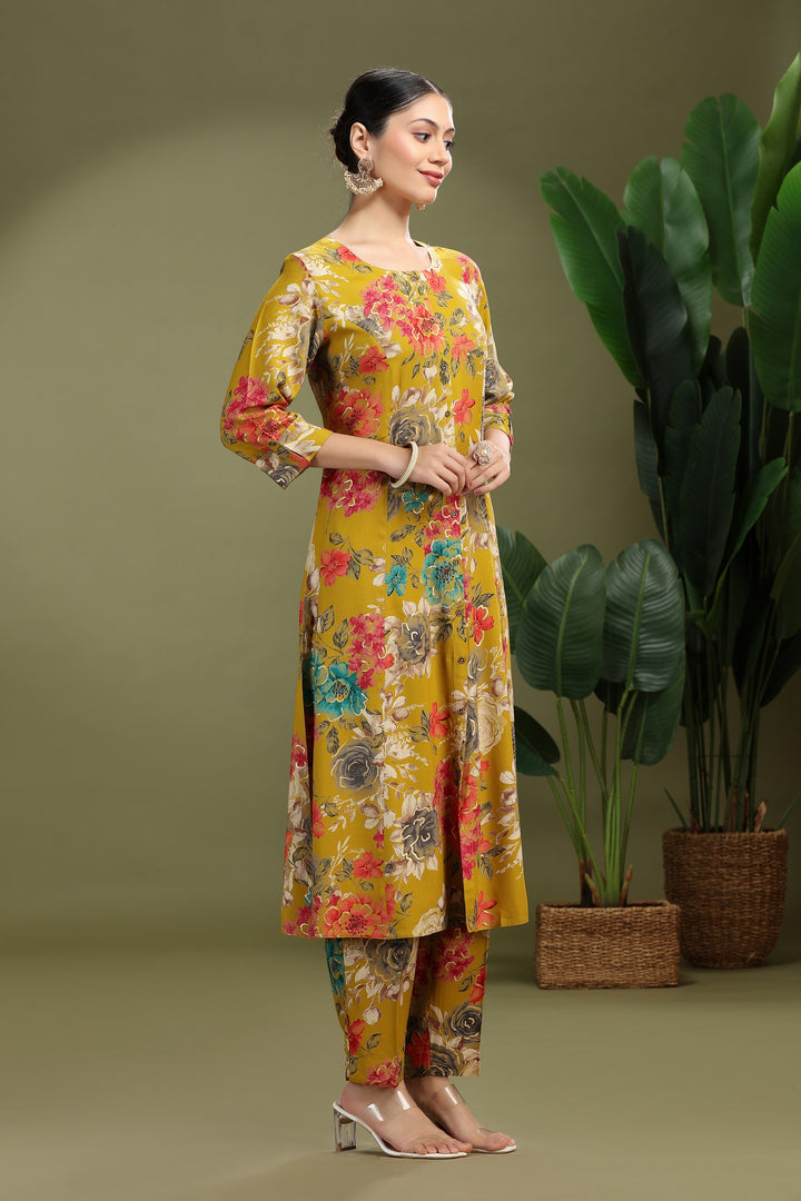Mustard Rayon Printed A Line Kurta Pant Co ord Set
