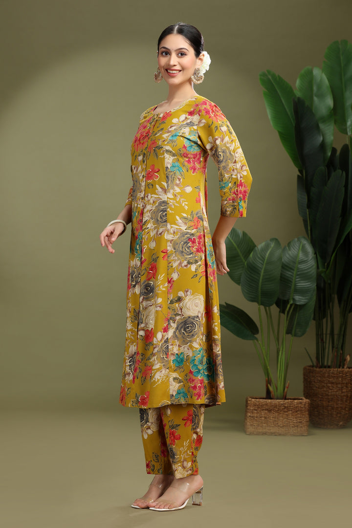 Mustard Rayon Printed A Line Kurta Pant Co ord Set