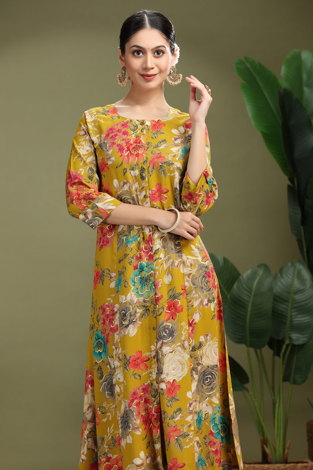 Mustard Rayon Printed A Line Kurta Pant Co ord Set