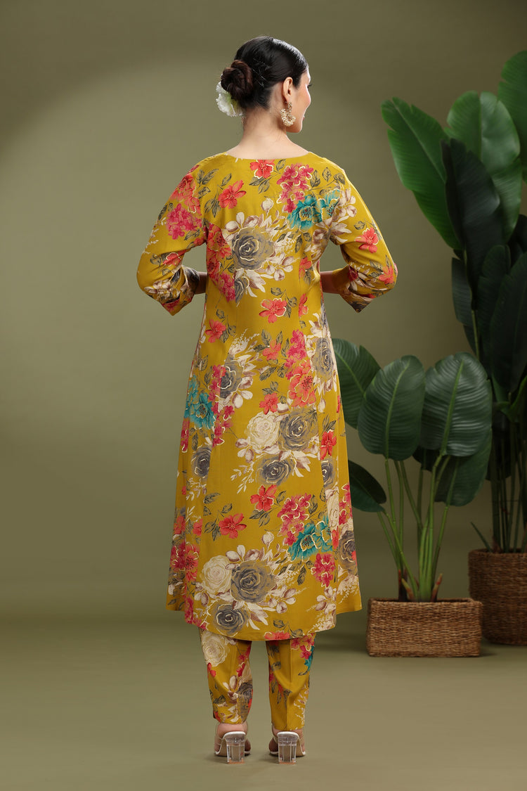 Mustard Rayon Printed A Line Kurta Pant Co ord Set