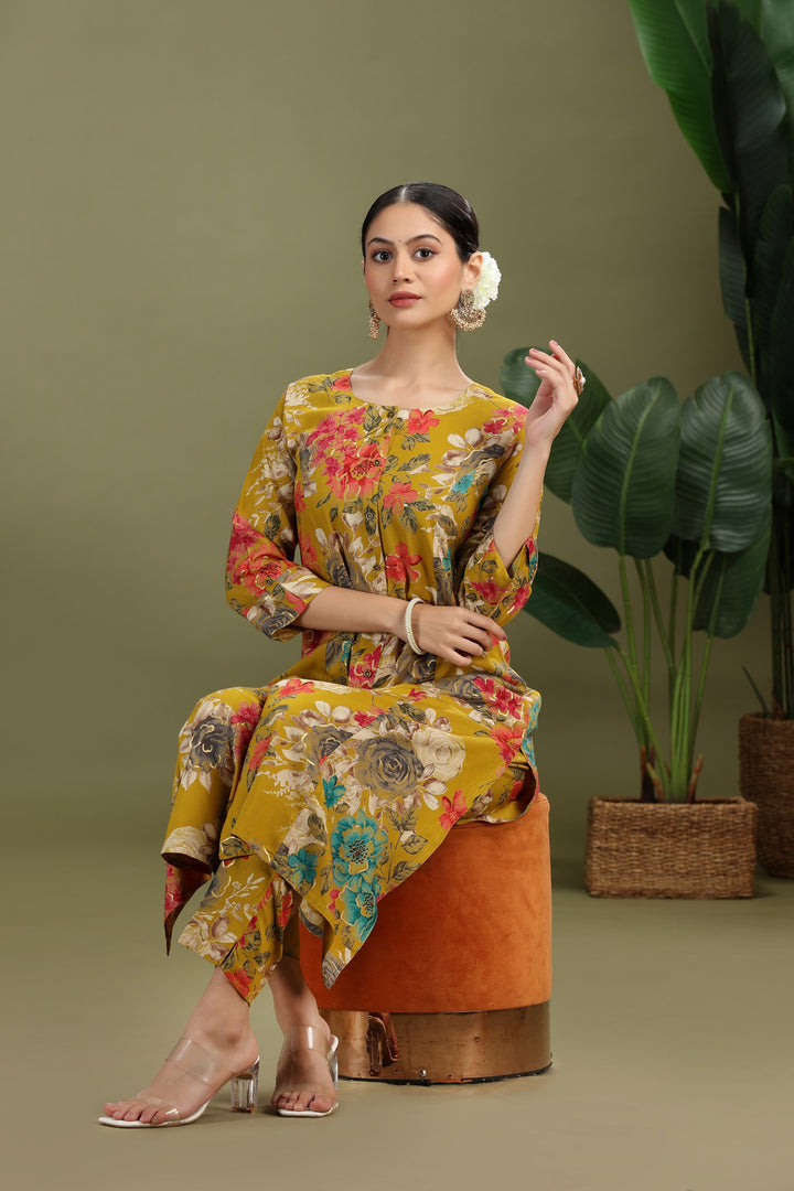 Mustard Rayon Printed A Line Kurta Pant Co ord Set