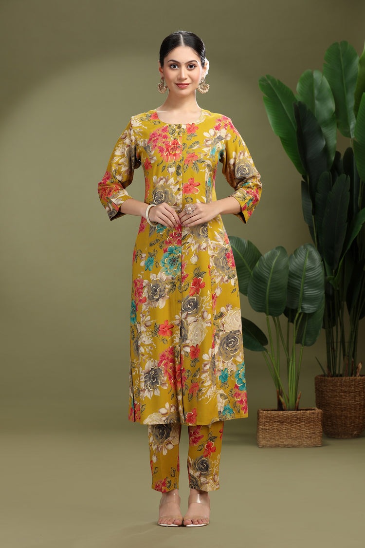 Mustard Rayon Printed A Line Kurta Pant Co ord Set