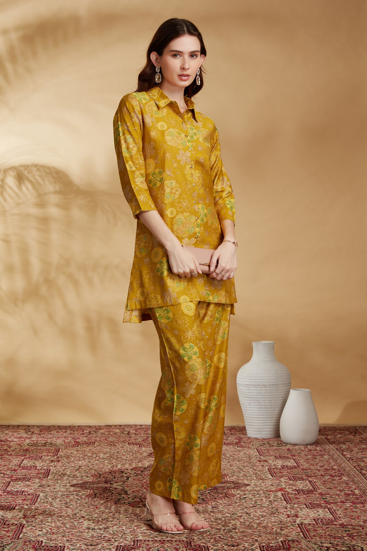 Mustard Viscose Printed Straight Kurta Pant Co ord Set