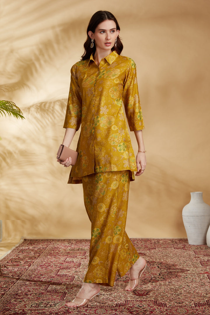 Mustard Viscose Printed Straight Kurta Pant Co ord Set