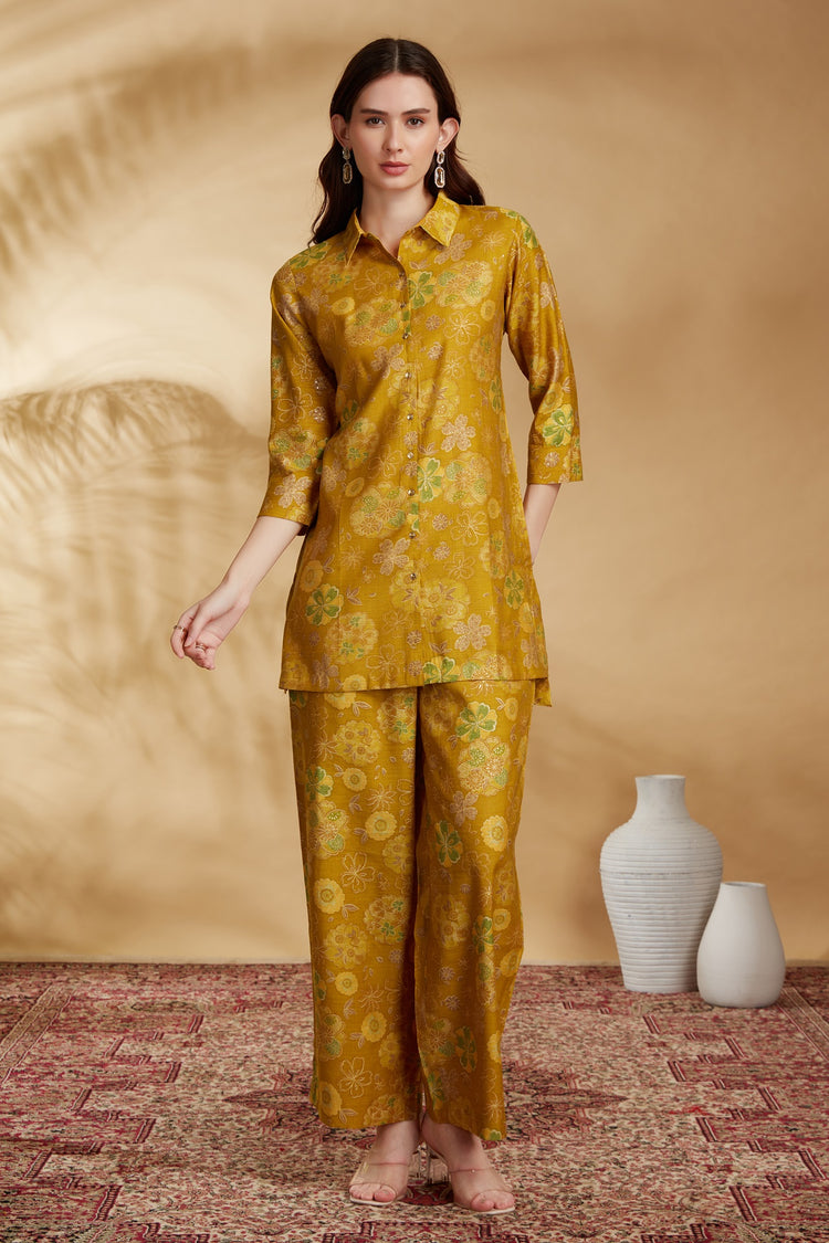 Mustard Viscose Printed Straight Kurta Pant Co ord Set
