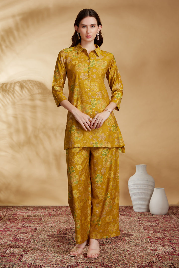Mustard Viscose Printed Straight Kurta Pant Co ord Set