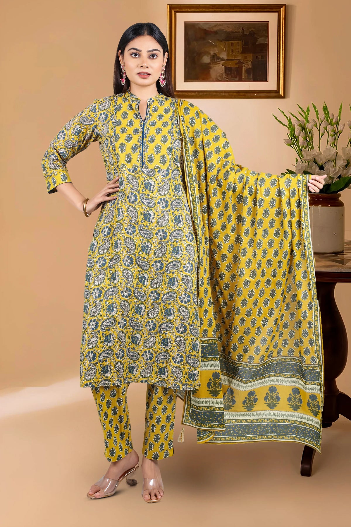 Mustard Cotton A Line Printed Kurta Pant Suit Set