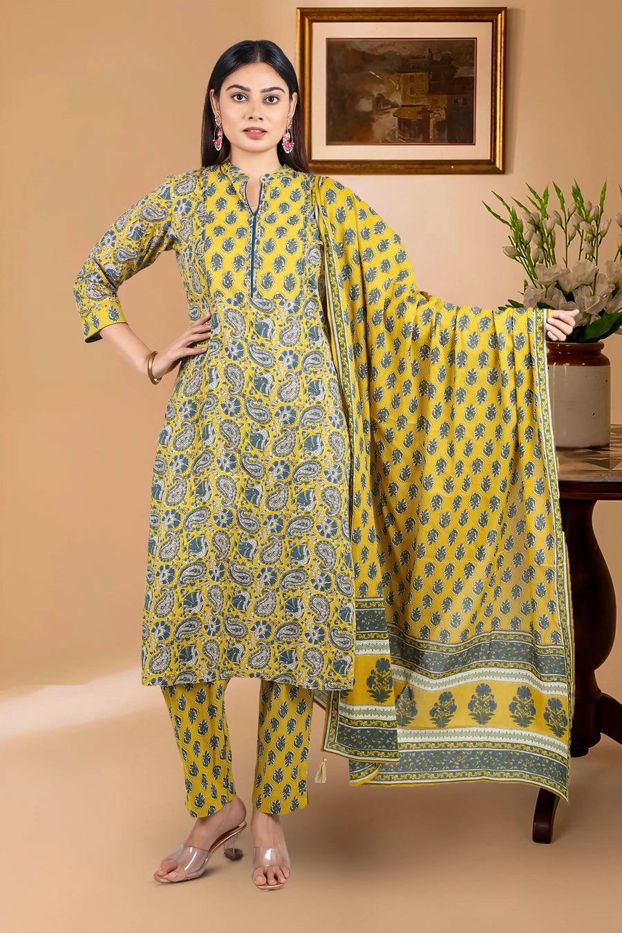 Mustard Cotton A Line Printed Kurta Pant Suit Set