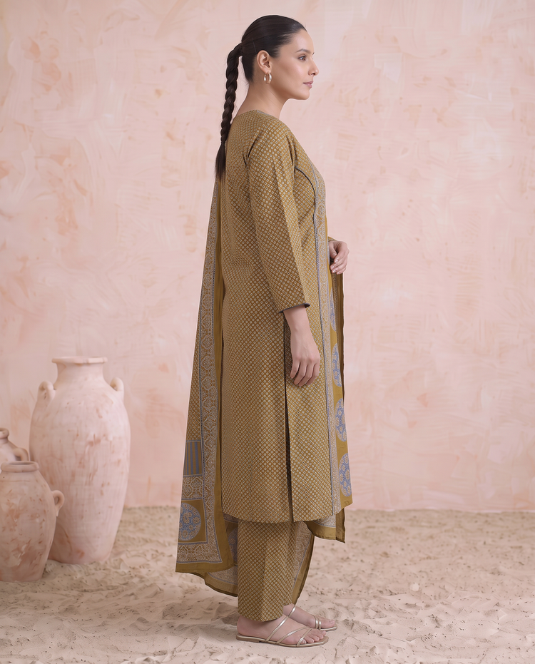 Mustard Cotton Printed Kurta Pant & Dupatta Ethnic Set