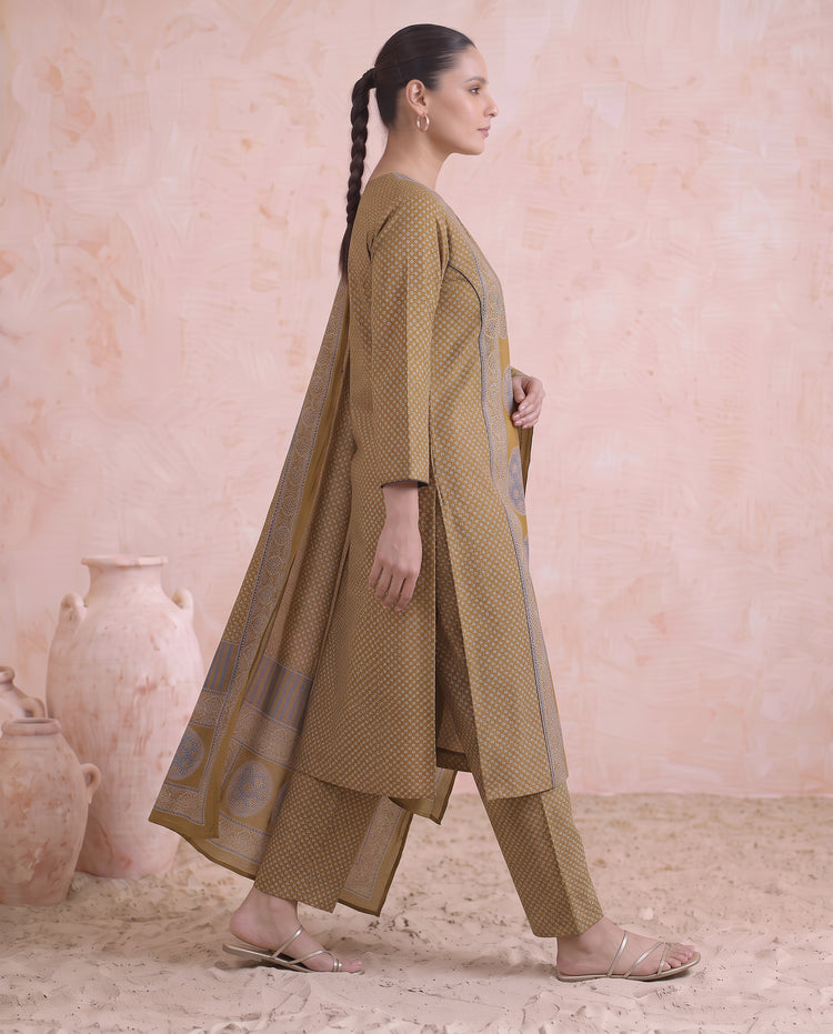 Mustard Cotton Printed Kurta Pant & Dupatta Ethnic Set