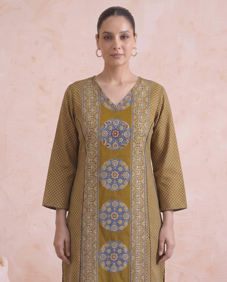 Mustard Cotton Printed Kurta Pant & Dupatta Ethnic Set