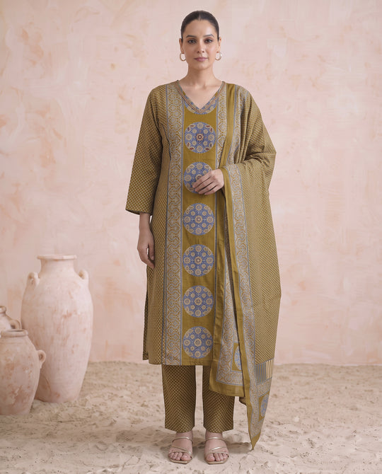 Mustard Cotton Printed Kurta Pant & Dupatta Ethnic Set