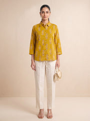 Mustard Geometric Motif Pure Cotton Short Kurti